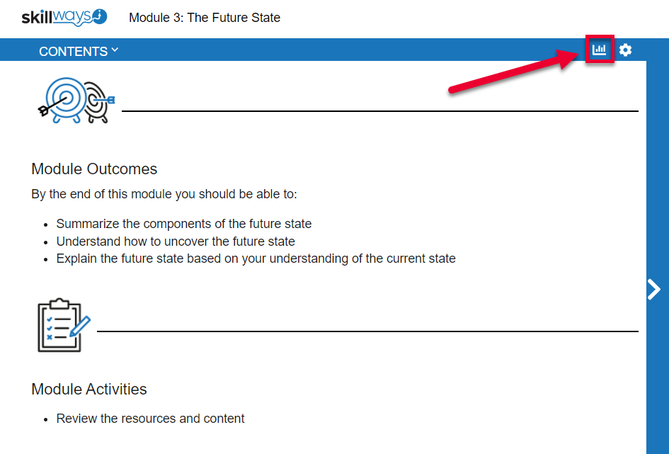 arrow pointing at progress graph icon in upper right