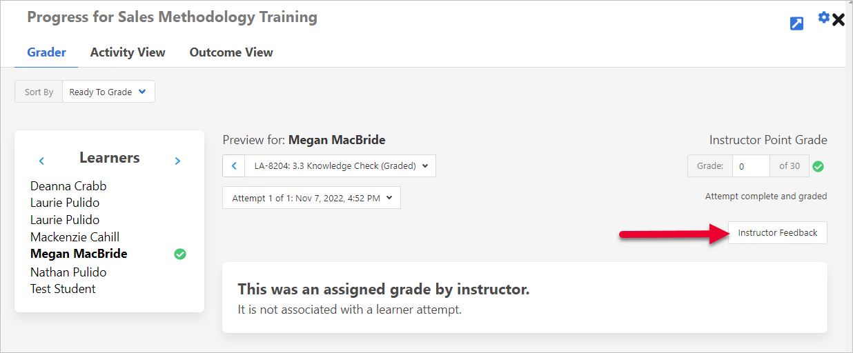 arrow pointing to Instructor Feedback button