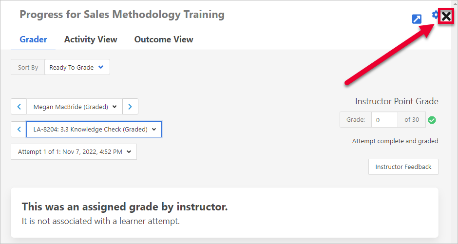 arrow pointing to X to close Progress