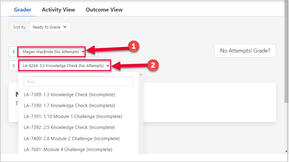 1- arrow pointing at learner in drop down menu and 2- arrow pointing at no attempt activity in activity drop down menu