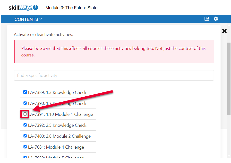 arrow pointing to check box next Module 1 challenge activity that has been deactivated and shows no check mark in box