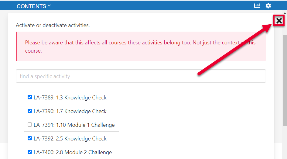 arrow pointing to X to close Progress