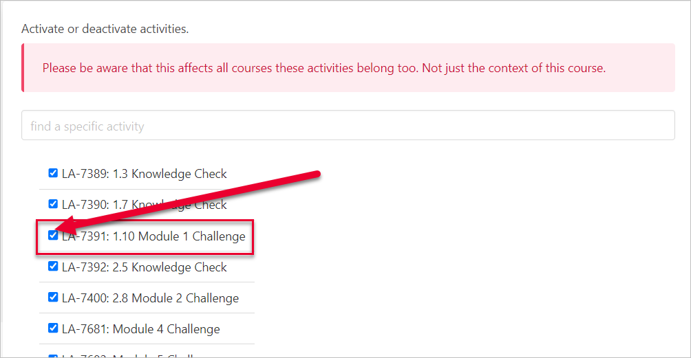 rectangle around Module 1 Challenge activity that has be activated and now shows check mark next to it