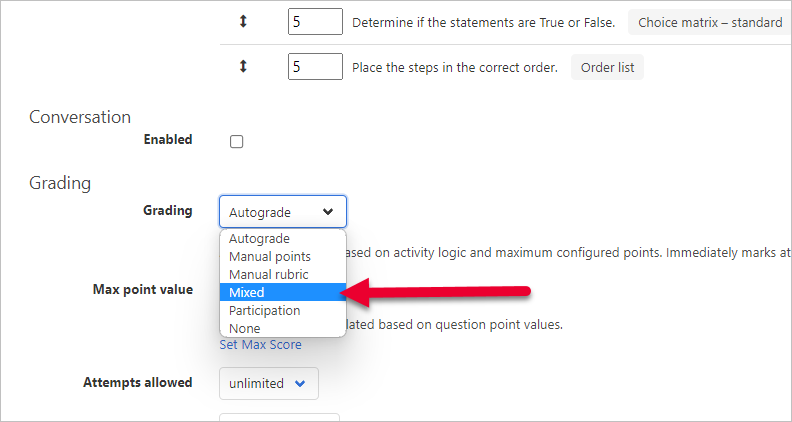 Grading drop down menu with Mixed option selected