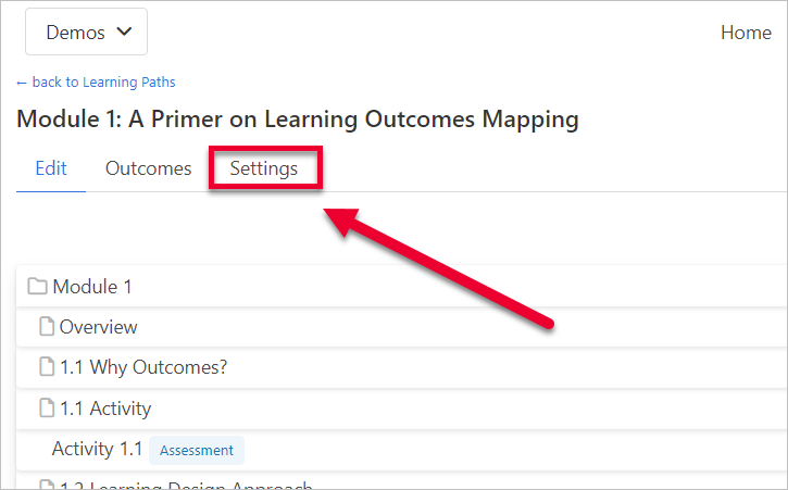 arrow pointing to Settings tab
