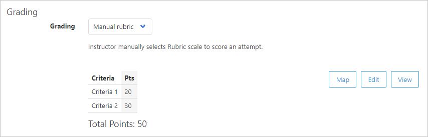 grading section displays with manual rubric selected and preview of criteria and points