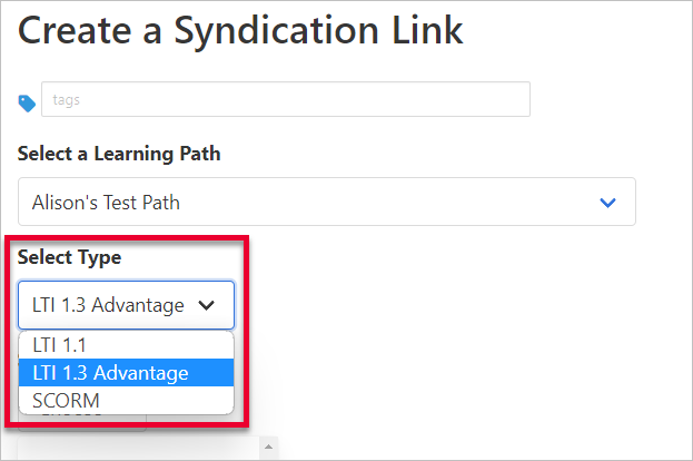 rectangle around Select Type drop down menu with LTI 1.3 Advantage selected