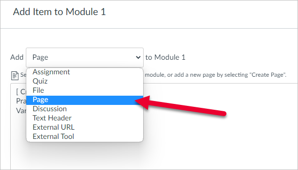 arrow pointing to Page in the drop down menu
