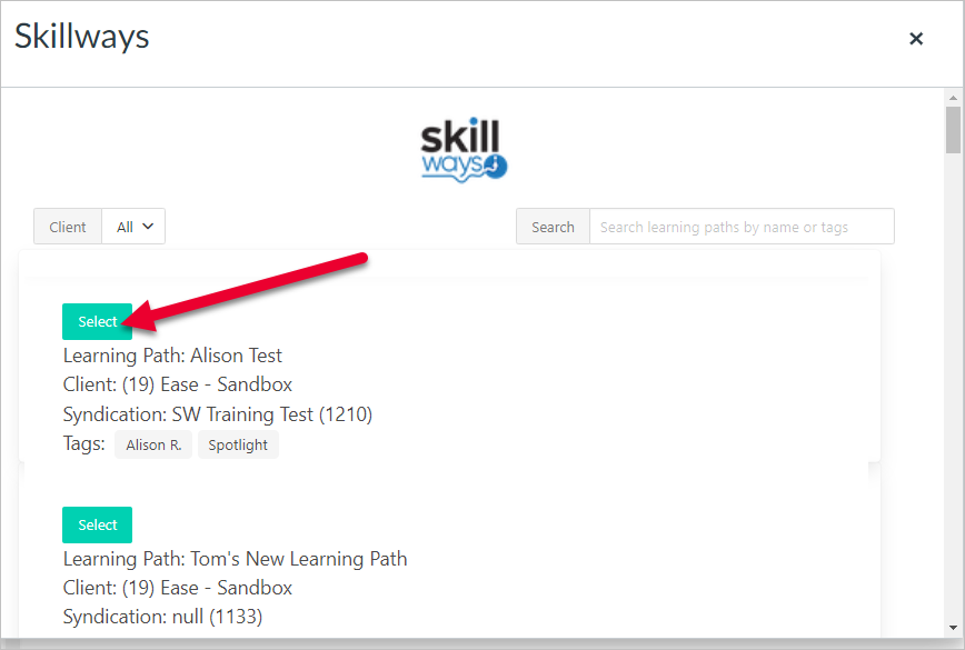 Arrow pointing to Select button under syndication in list