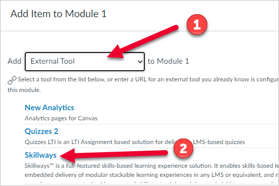 Arrow pointing to External Tool in drop down list