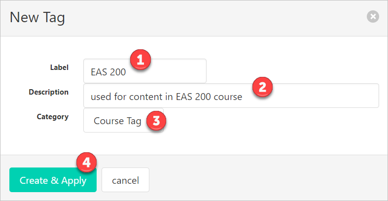 1-add tag label 2- add tag description 3- add tag category 4-click create and apply