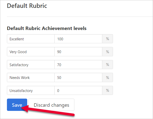 default rubric settings show with arrow pointing to save button