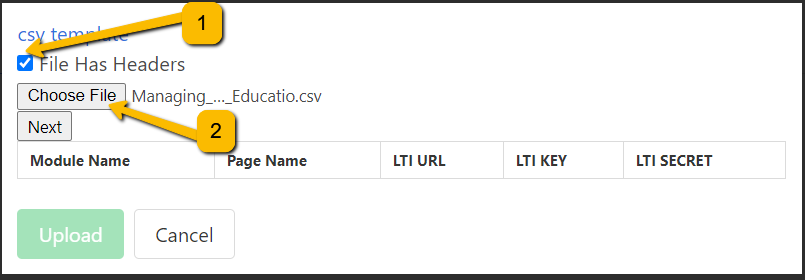 1 arrowing pointing to checked file has headers check-box  2 arrow pointing to the choose file button
