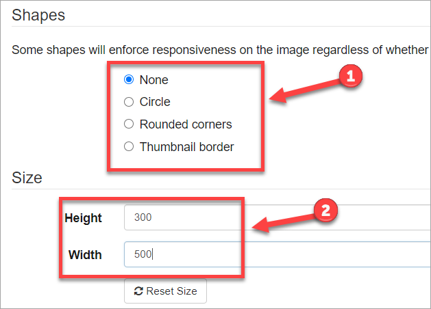 Shape options and image resize settings