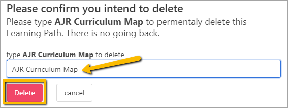 type in curriculum map name to confirm deletion box and delete button