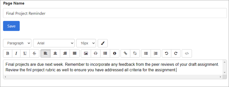 content editor displays below newly saved page 