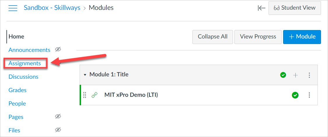 arrow pointing to Assignments link in Canvas navigation