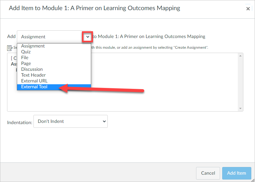 Assignment dropdown options with arrow pointing to External tool