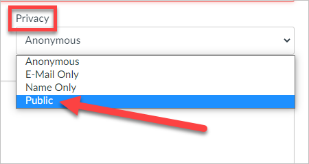 Option under Privacy displayed with arrow pointing to Public