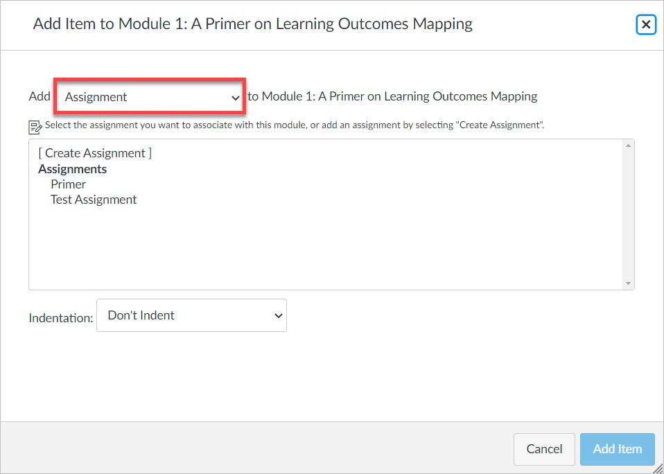 rectangle surrounding dropdown option with Assignment selected