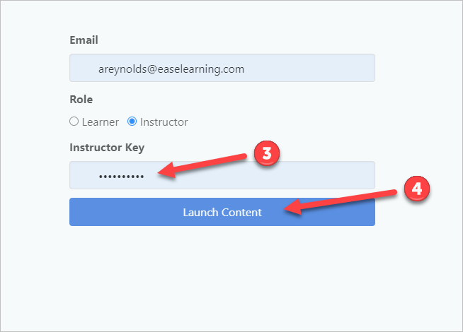 arrows pointing to instructor key and launch content