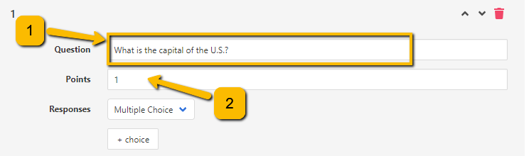 1 arrow pointing to question input field 2 arrow pointing to points input field