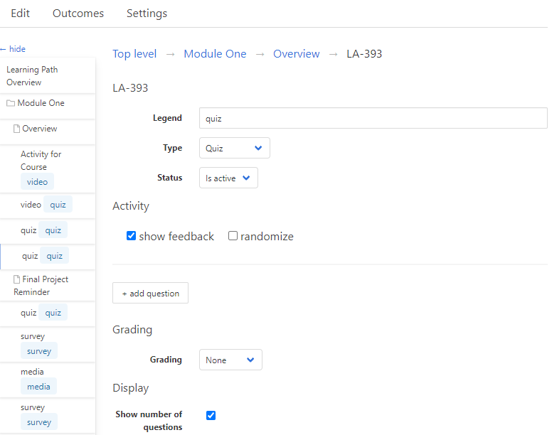 new quiz window with selection and option