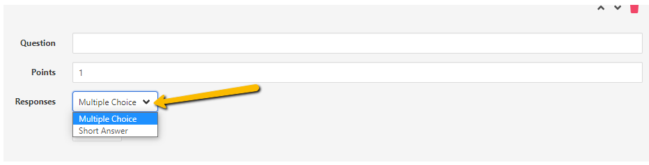 arrow pointing to a drop down menu to select multiple choice or short answer question