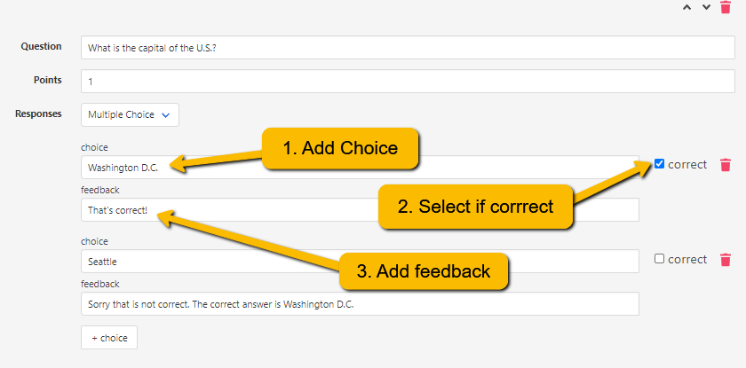 a 1 arrow pointing to choice input field  2 arrow pointing to select if correct check box 3 arrow pointing to add feddback input field