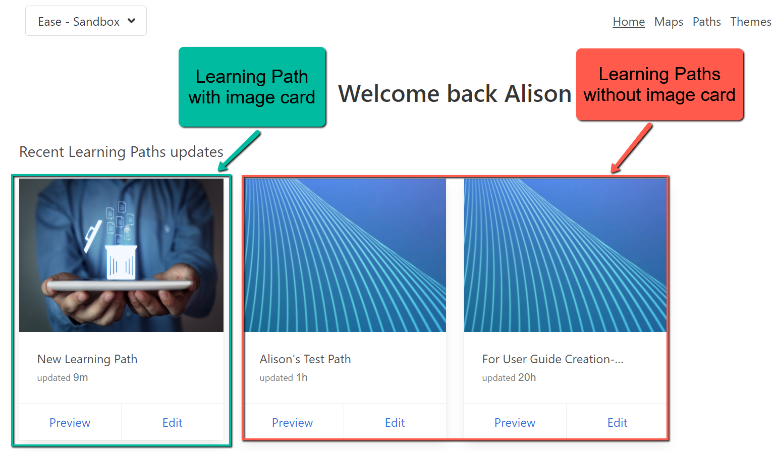 Home screen in Skillways showing an example of a learning path with an image card and learning paths without image cards