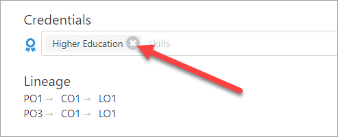 arrow pointing to X to delete credential