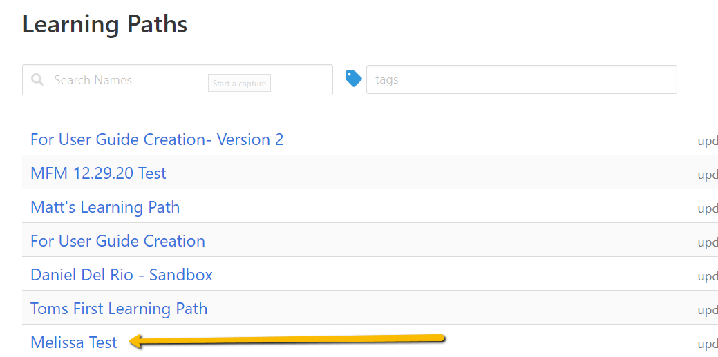 arrow pointing to a learning path from the paths screen