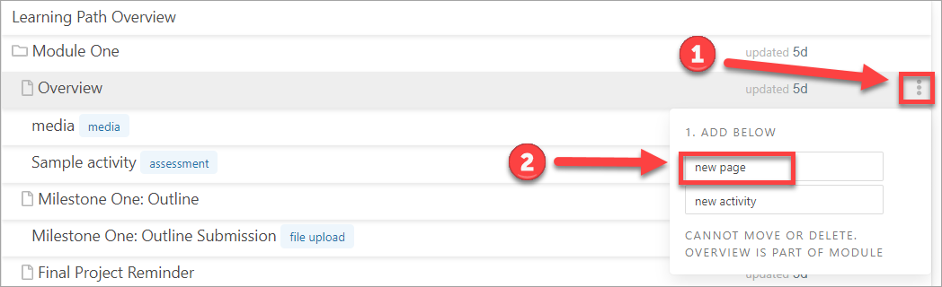 Step 1 with arrow pointing to three dots and step 2 with arrow pointing to new page