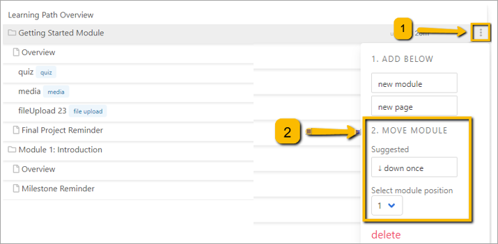 rectangles surrounding steps to suggest move and select position options