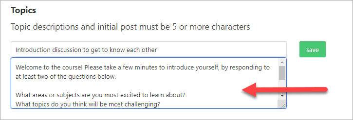 Discussion Topic editor with example prompt displayed