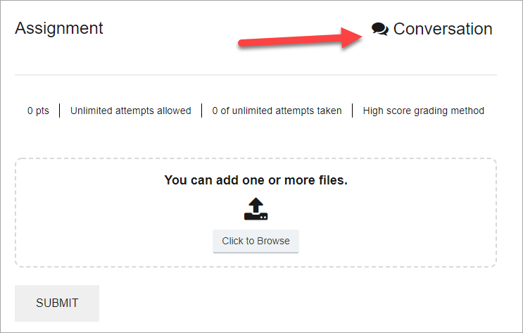 Arrow pointing to conversation enabled for an Assignment