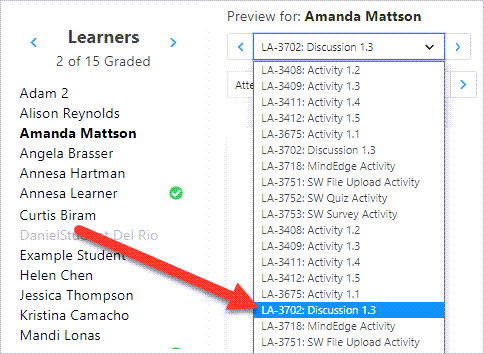 Arrow pointing to activity in dropdown
