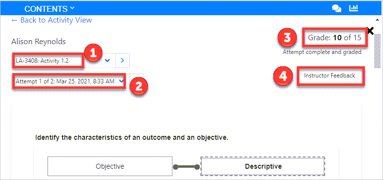 1 activity title 2 attempt 3 grade 4 instructor feedback
