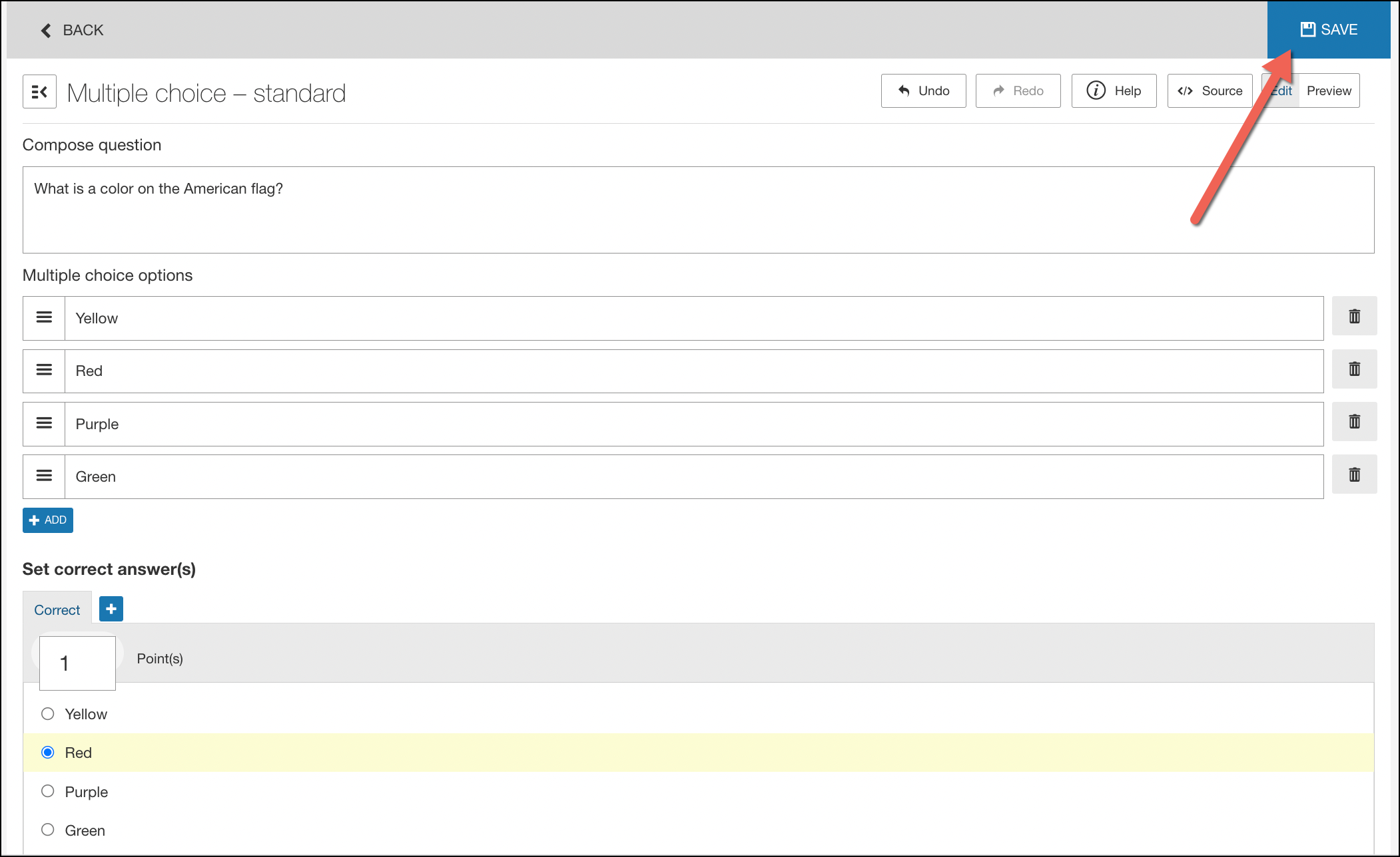 multiple choice template with arrow pointing to save button