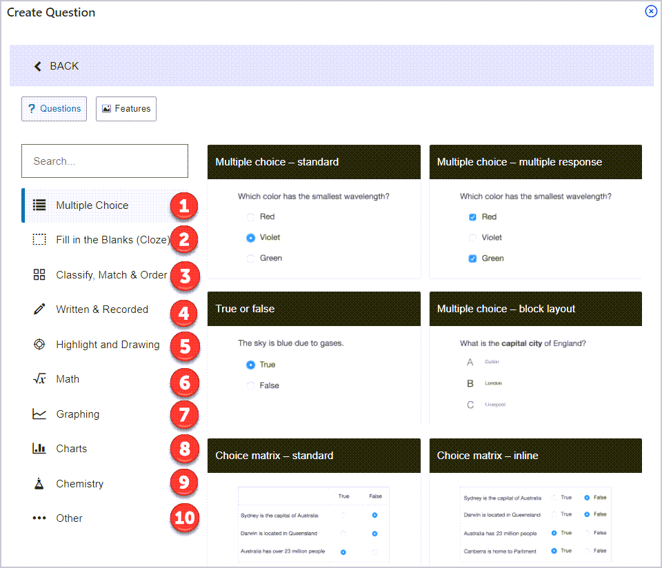 new create question screen with various question templates