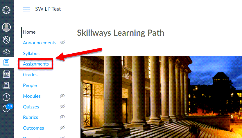 arrow pointing to Assignments in navigation 